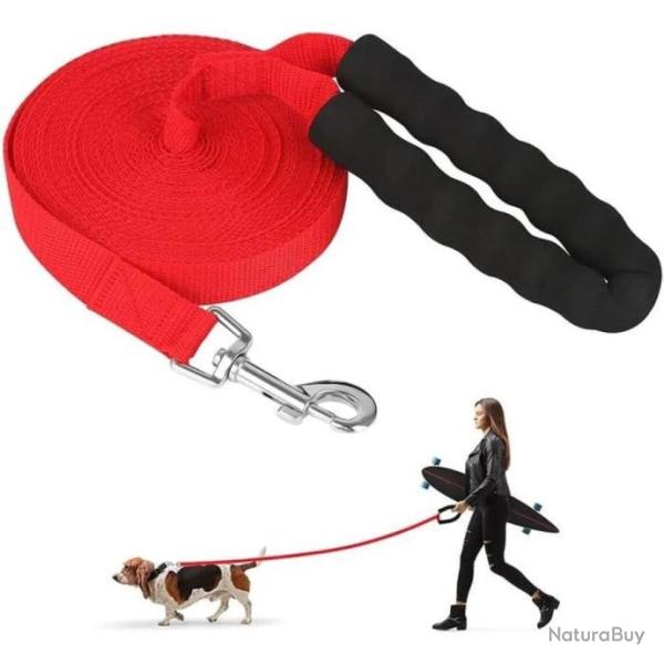 Laisse Pour Chien Dressage Longueur 10 m Nylon Poign�e Confort Rembourr�e Rouge