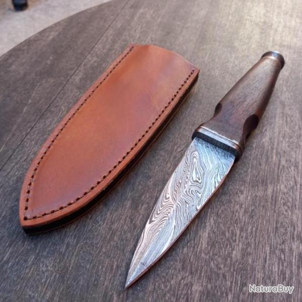 Couteau �COSSAIS SGIAN DUBH Damas avec Fourreau en Cuir