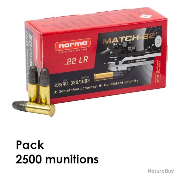 Munitions Norma calibre 22LR MATCH 40gr - 2.6g x2500 