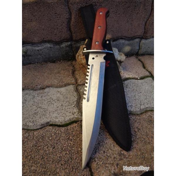 Couteau de Chasse Survie Frost Bowie Alamo Lame Carbone/Inox Manche Bois Etui Nylon F18306PW
