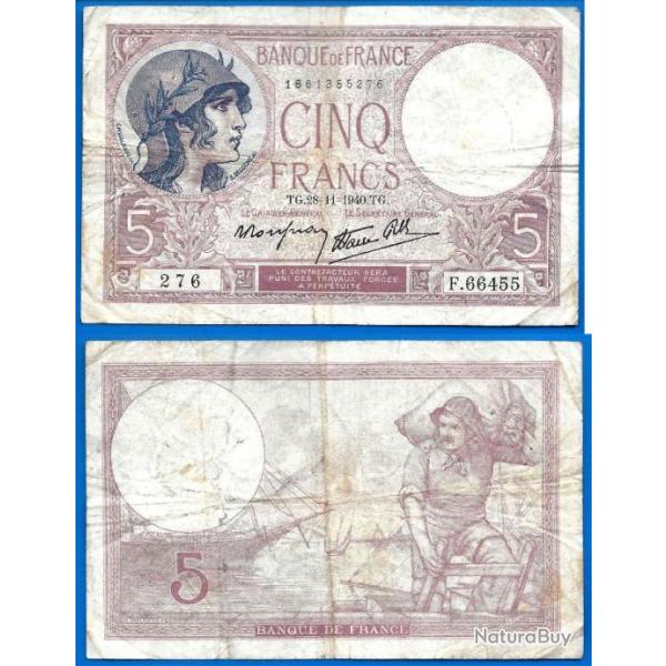 France 5 Francs 1940 28 Novembre Violet Billet Franc Frcs Frc Frs