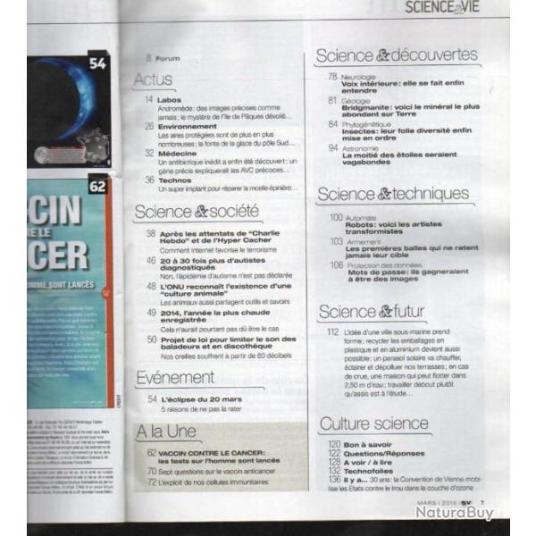 science et vie 1170 mars 2015 , vaccin contre le cancer , internet et terrorisme