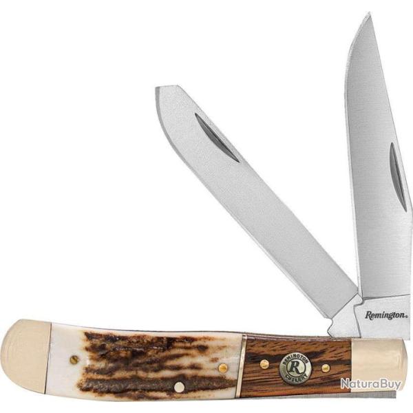 R15652 Couteau Canif 2 Lames Remington Guide Trapper Lames Acier 440 Manche Os & Bois Cran Forc�