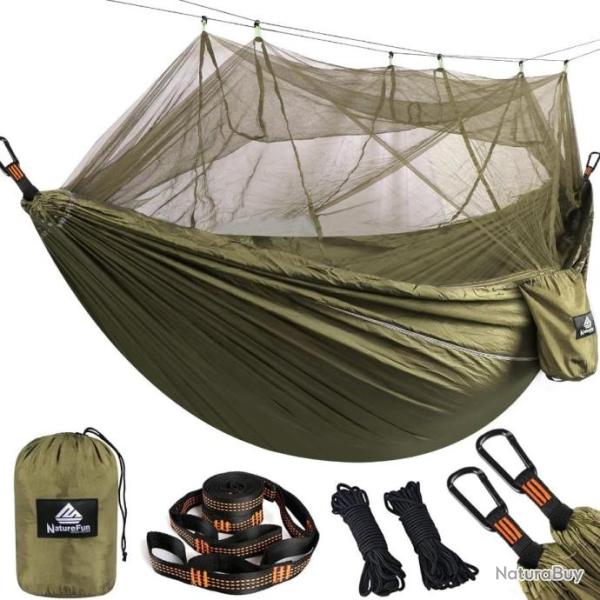 Hamac Ultra-l�ger 300x200 cm 2 Places Moustiquaire Bivouac Nylon Parachute Charge 300 kg Vert Arm�e