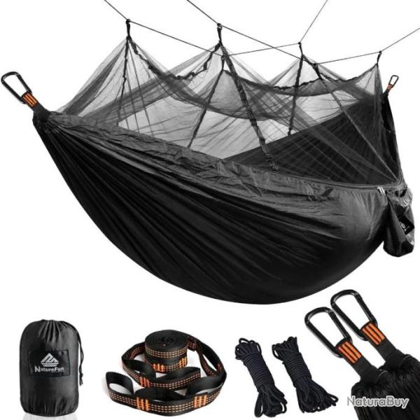 Hamac Ultra-l�ger 275x140 cm Moustiquaire Bivouac Charge 300 kg Durable Nylon Parachute Noir