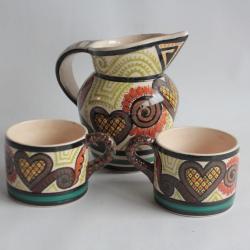Pichet gr&egrave;s et deux tasses P.Fouillen HB Quimper