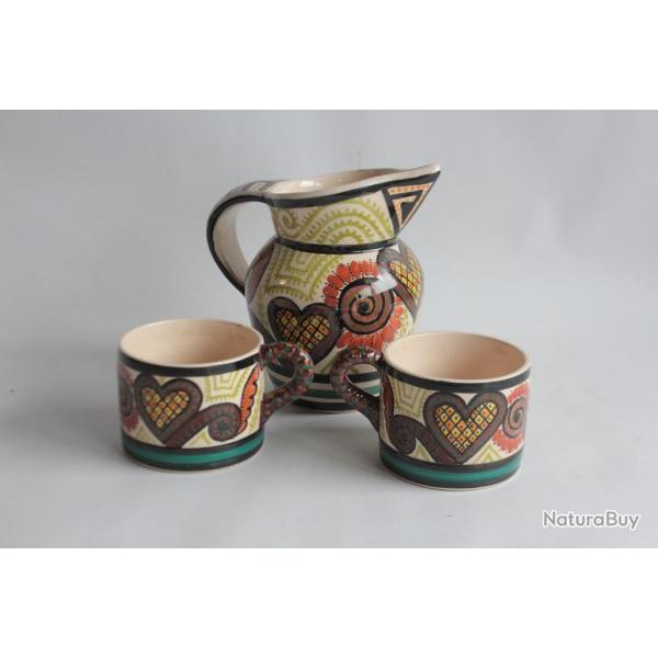 Pichet gr�s et deux tasses P.Fouillen HB Quimper