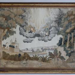Tableau Broderie chenillée peinture soie XIXe siècle