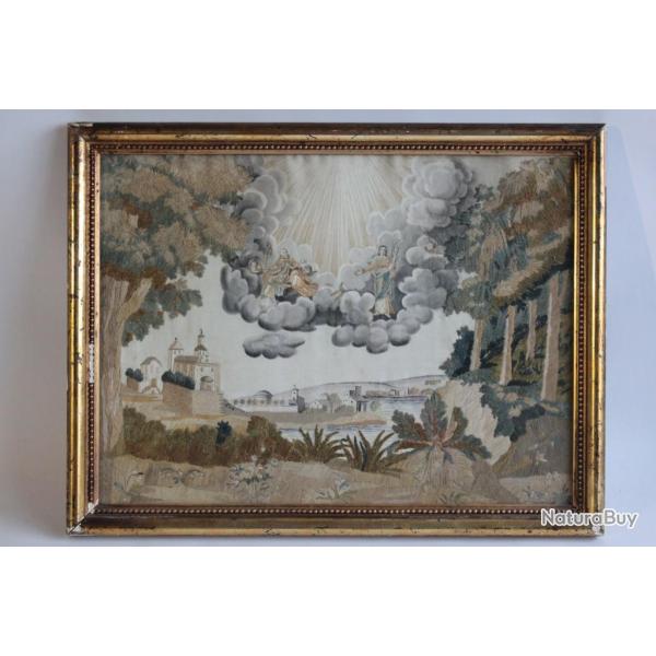Tableau Broderie chenille peinture soie XIXe sicle