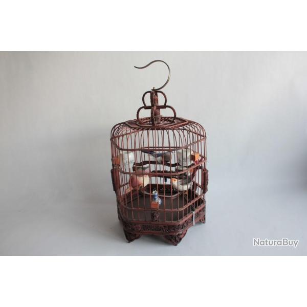 Ancienne Cage oiseaux Chine mangeoires porcelaine