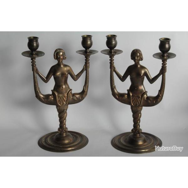 Paire de chandeliers Sir�nes bronze