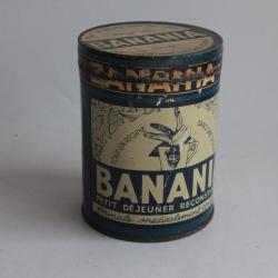 Boîte chocolat cacao ronde tôle lithographiée BANANIA bleue