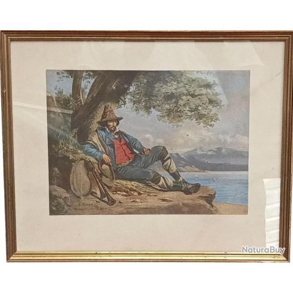 VINTAGE - Ancienne gravure en couleurs, repr�sentant "Le joueur de cornemuse" - A.HONEM