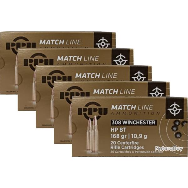 Lot de 5 bo�tes de 20 Cartouches Partizan Cal. 308 Winchester - 168 Grs HPBT Match