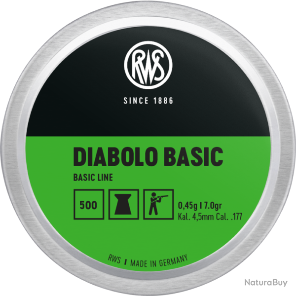 Plombs RWS Diabolo Basic, calibre 4.5 mm 0.45g par 1 boite ( 500 plombs )