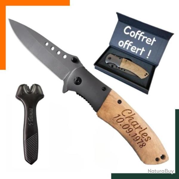 couteau de survie avec manche en bois personnalisable - Aiguiseur offert Livraison gratuite