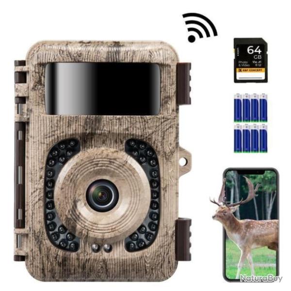 Cam�ra de Chasse Nocturne 32 MP 4K WiFi Infrarouge IP66 Etanche + 8 piles + 64G Carte Micro SD