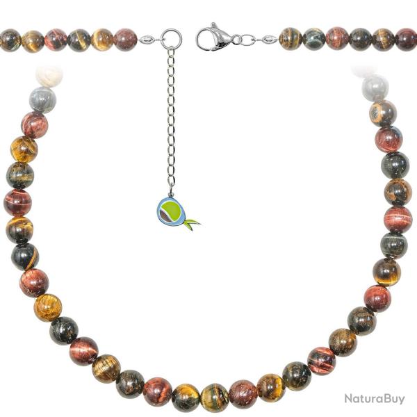 Collier en oeil de tigre, boeuf et faucon - Perles rondes 8 mm - 38 cm
