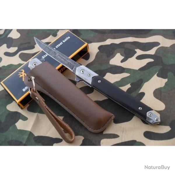 Couteau Pliant Lame Fine Droite Style Damas 9,5 cm Manche 12,5 cm ETUI