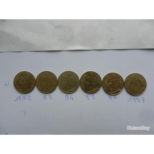 lot de 6 pi�ces de 20 centimes de francs 1992 � 1997