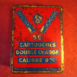 6 cartouches anciennes 9 mm Flobert poudre noire double charge dans leur bo&icirc;te m&eacute;tallique d'origine