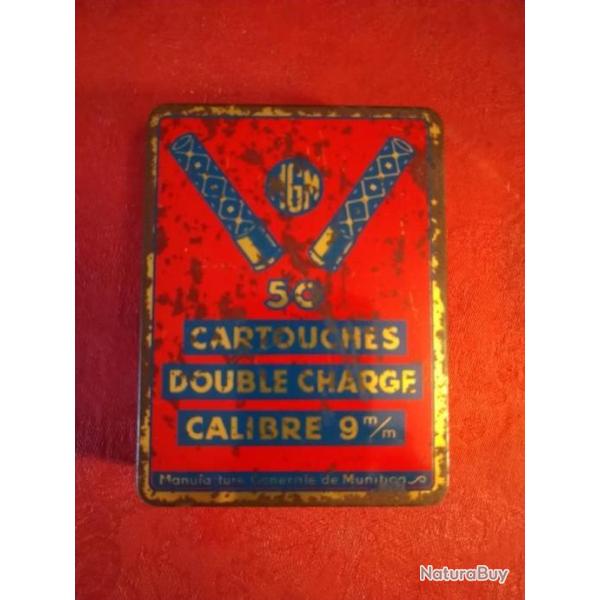 Jolie boite m�tallique ancienne 9 mm Flobert poudre noire simple charge +  ses 8 cartouches carton