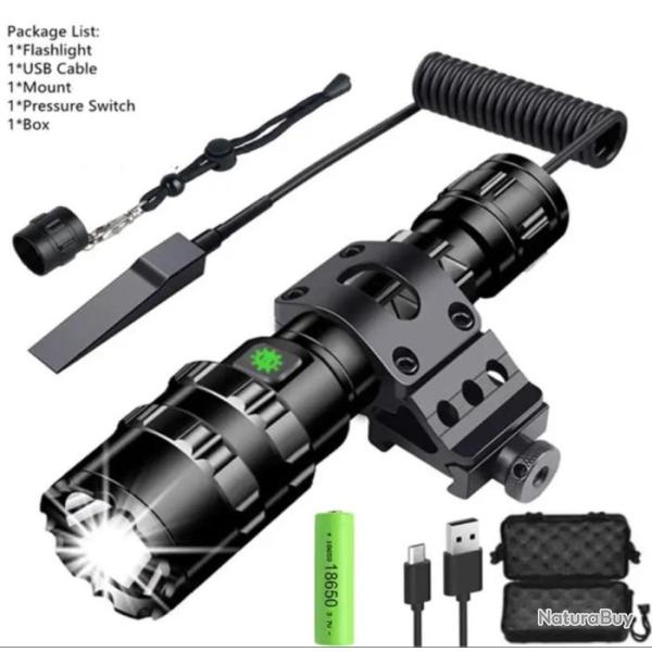 Lampe tactique de chasse rechargeable avec rail lampe led chasse airsoft ect ... . D