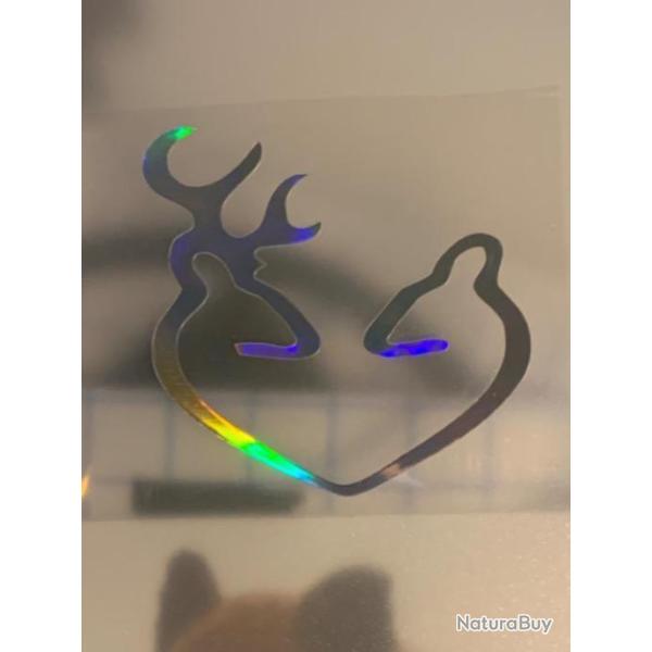 2x Autocollants 1Euro sans r�serve cerf et biche C�UR BROWNING cam�l�on noir ou blanc . B