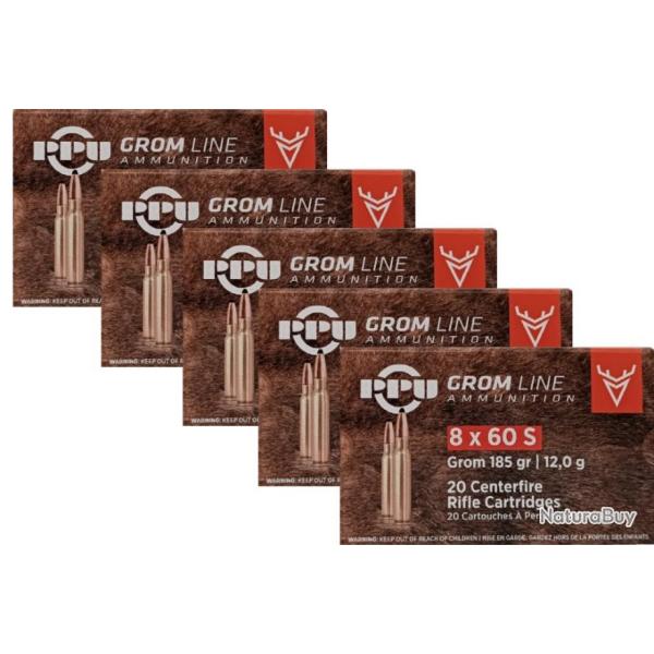 Lot de 5 botes de 20 cartouches Partizan Cal 8x60 S - 185 Grs Grom
