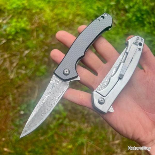 Couteau pliant framelock lame acier damas vg10 carbone