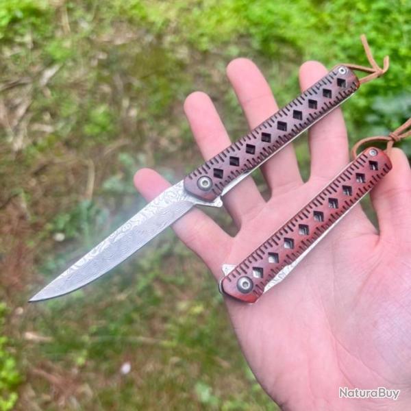 Petit couteau pliant de poche lame acier Damas edc camping