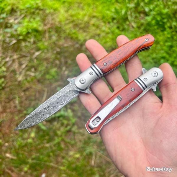 Couteau pliant damas luxe manche bois tactique survie camping