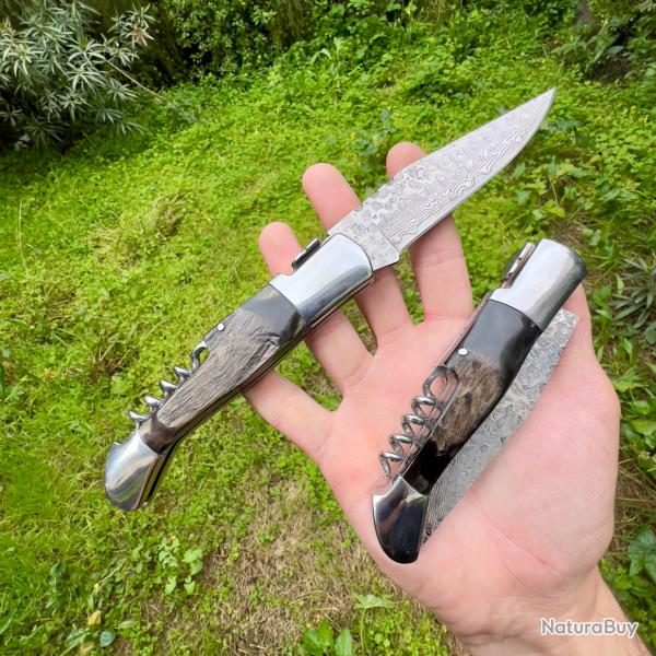 Couteau pliant damas t�te de maure Corse cran forc� traditionnel manche corne de b�lier