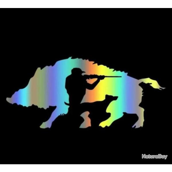 Autocollant, d�coration, voiture - Chasse, sanglier, chien arret - 25cm x 11cm holographique