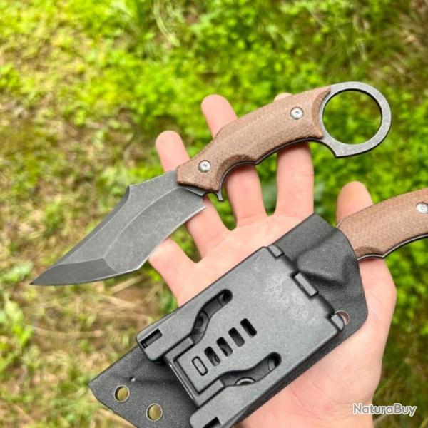 Couteau ring knife style karambit lame tanto acier d2 stonewash g10 marron