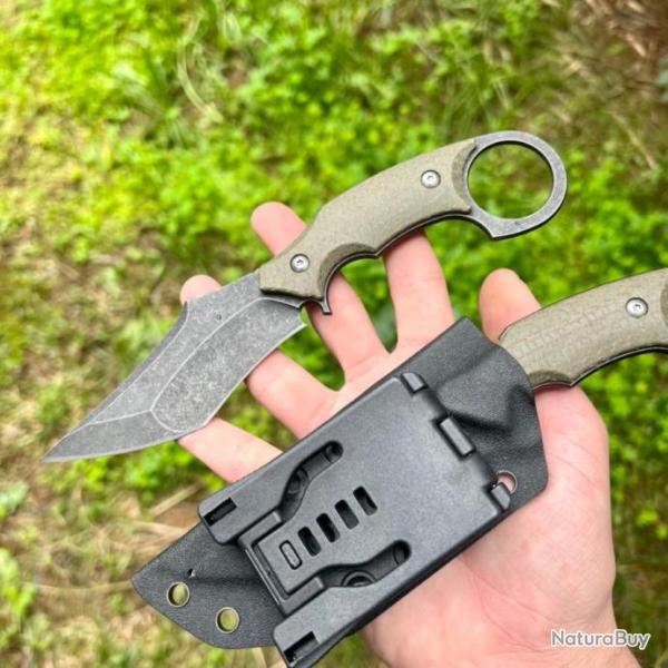 Couteau ring knife style karambit lame tanto acier d2 stonewash g10 vert edc