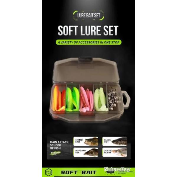 Ensemble de leurres de p�che souples avec hame�on � t�te plomb�e en m�tal avec bo�te