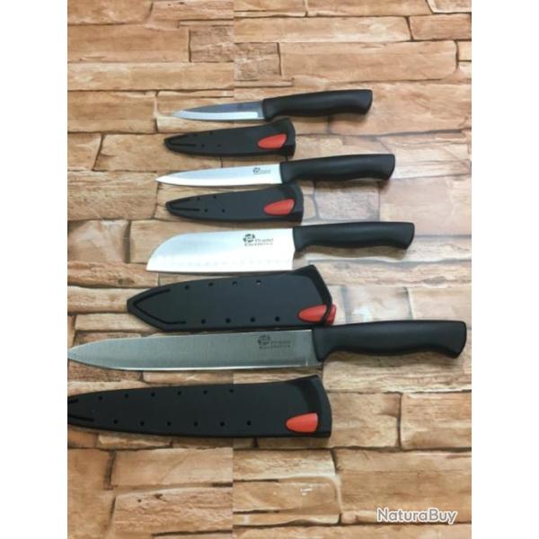 4 couteaux de cuisine avec tuis aiguiseurs