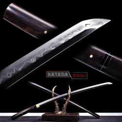Katana en &eacute;b&egrave;ne bois noir lame en Acier T10 avec vrai hamon