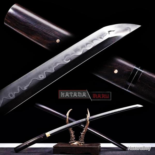 Katana en �b�ne bois noir lame en Acier T10 avec vrai hamon