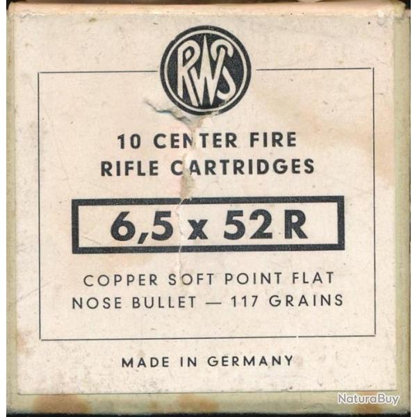 (5932) UNE CARTOUCHE DE CHASSE 6,5x52R par RWS Boite ouverte