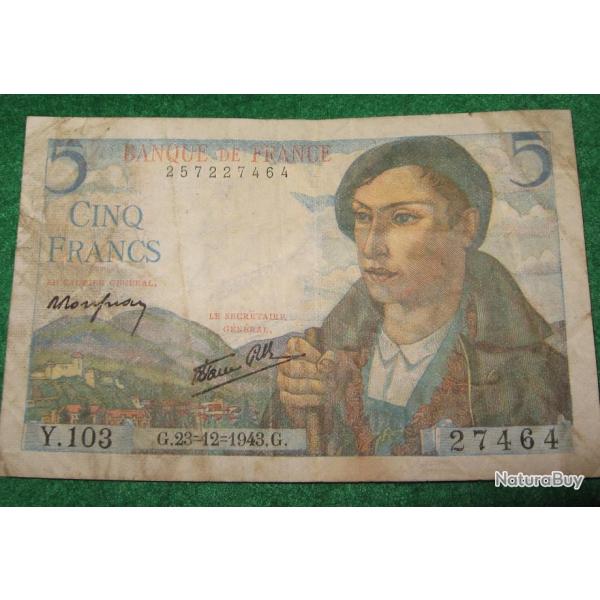 FRANCE   Billet de 5  francs Berger du 23-12-1943  TB+