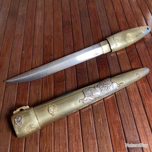 BEAU POIGNARD JAPONAIS KWAIKEN - TANTO ARGENT LAITON