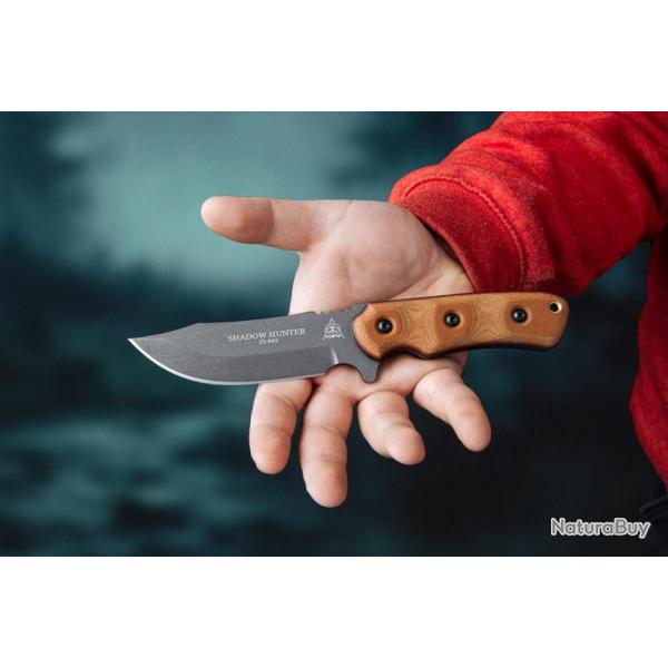 Couteau Tops Shadow Hunter Tan Manche Micarta Lame Acier Carbone 1095 Etui Kydex USA TPSWHR01
