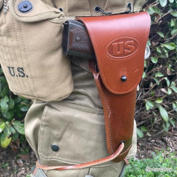 Etui / Holster M12 Colt 45 Cuir Cognac - Reproduction WW2 Premium