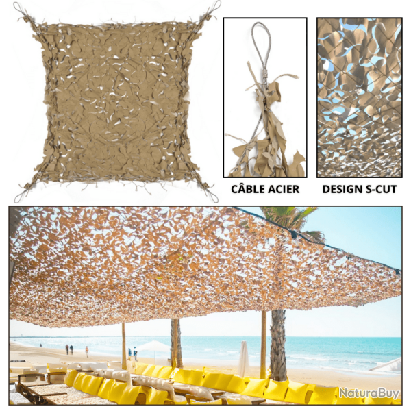 Filet de Camouflage / Voile d'ombrage Beige - Renforc� C�ble Acier - CamoShadow� 4 x 4 m