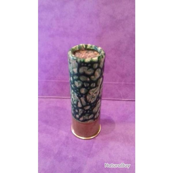 CARTOUCHE ANCIENNE MANUFRANCE CAL.12 CHEVROTINES BOURRAGE LIEGE BLANCHE TIGREE VERTE CULOT DE 16mm