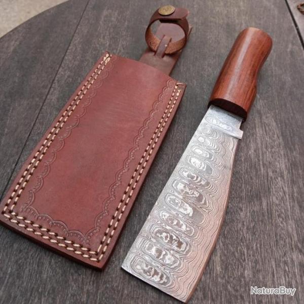 Beau Couteau Damas Coupe Coupe Manche en Bois avec �tui en cuir marron