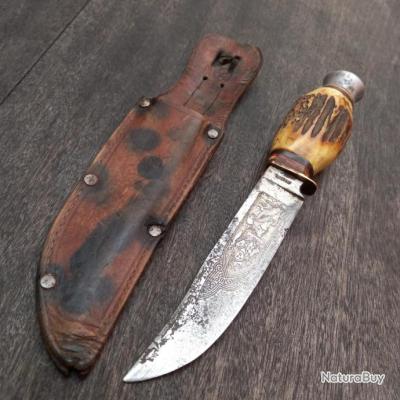 Couteau de chasse Solingen, plaquettes en bois, fourreau en - Lot 114