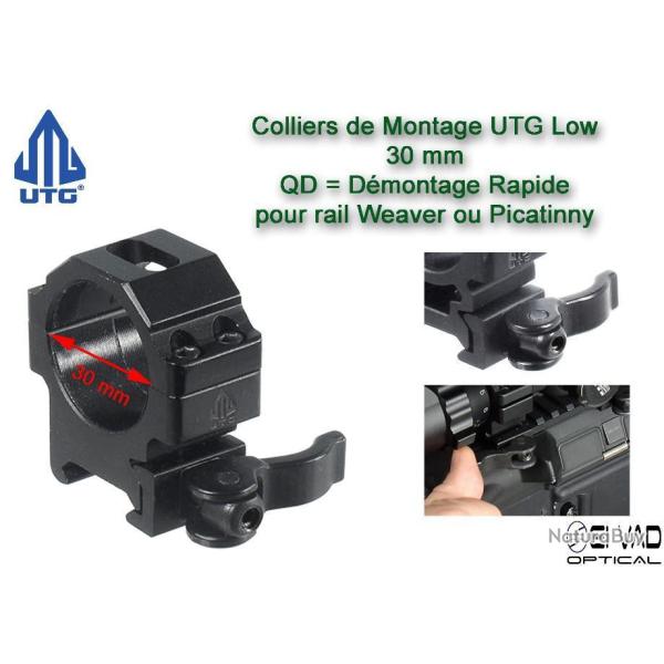 Colliers UTG Low QD pour lunette - 30 mm pour rail Weaver (21 mm)